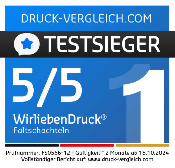WirliebenDruck Testsieger für Faltschachteln Testsieger-Auszeichnung für Faltschachteln von WirliebenDruck